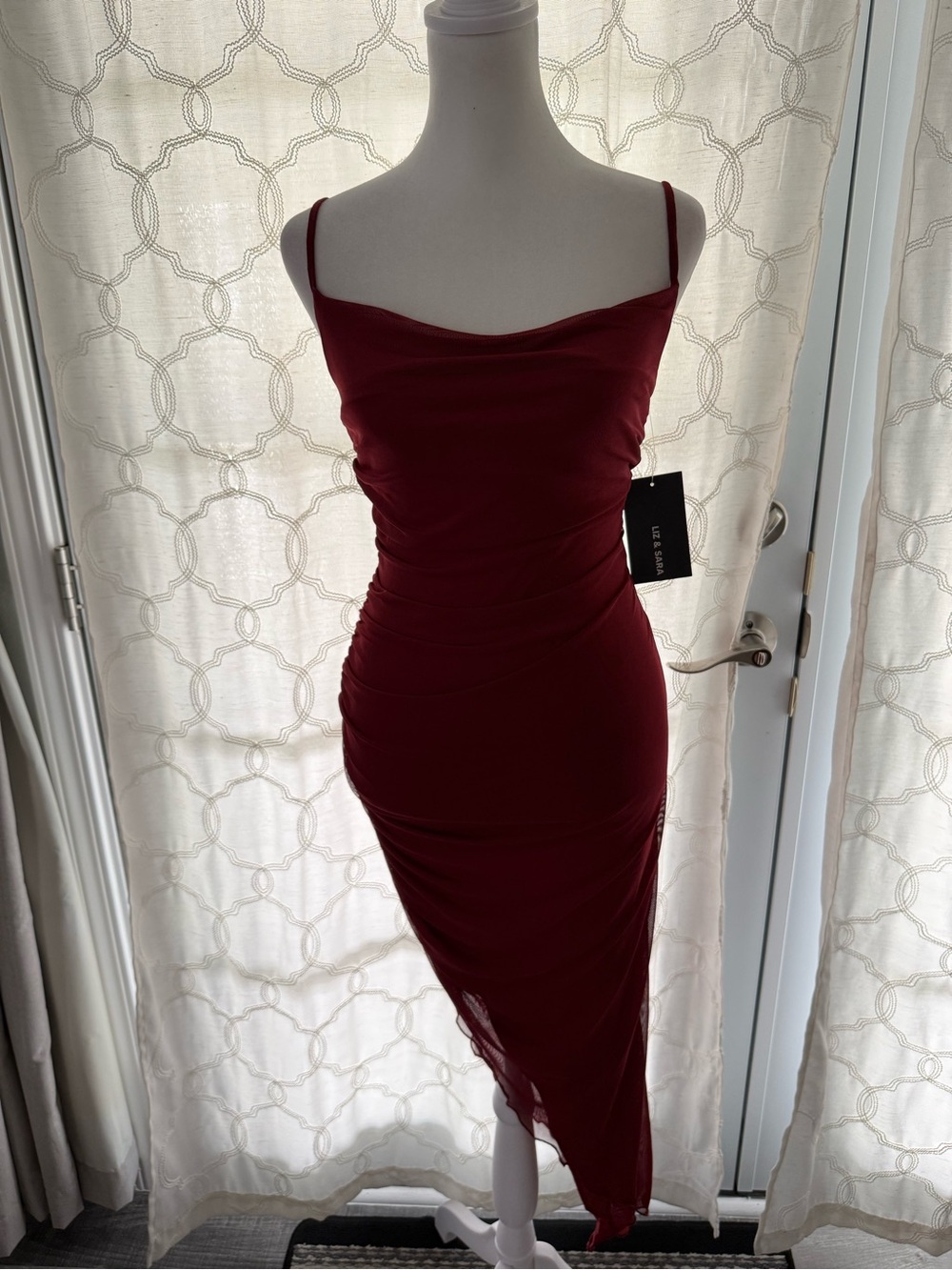 Red Ruched Cowl Neck Midi Dress Spaghetti Straps